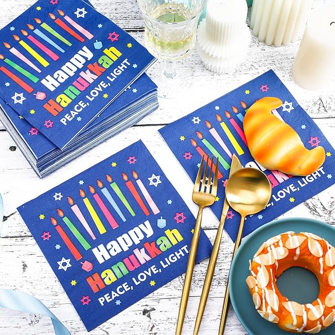 60 Pcs Happy Hanukkah Cocktail Paper Napkins 6.5 x 6.5 Inches Disposable Paper Napkins Dessert Beverage Napkin for Decoupage Luncheon Napkin for Party Wedding Birthday Party