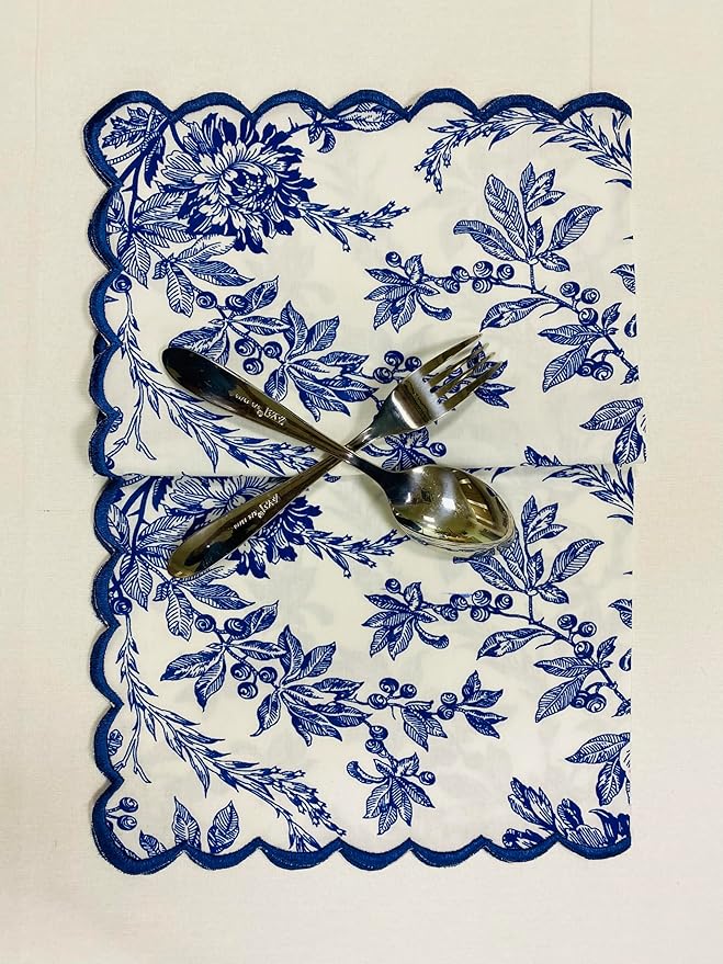 Ridhi Incremental Blue Hand Block Print Napkins 18" x 18" Set of 4 Reusable Cotton Dinner Napkins for Weddings, Parties & Everyday Dining, Thanksgiving, Christmas, Fall