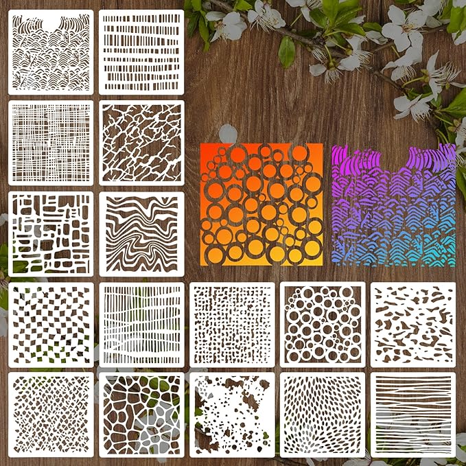 16Pcs Layering Stencils for Painting, 6"x6" Paint Stencils Mixed Texture Bubble Dot Waves Stone Crackle Splatter Geometric Stencil, Stencil for Painting on Wood DIY Art Crafts