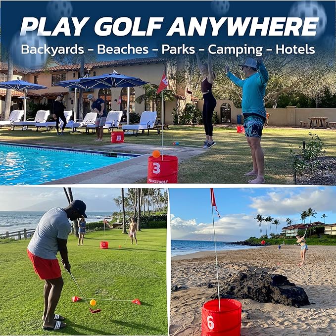 bucketgolf Game 6 Hole Bundle with Clubs - The Best Backyard Golf Game for All Ages and Levels Adults, Kids, Families, Schools, Yards, Parks, Beaches, Vacation. (2 Clubs (2 RH))