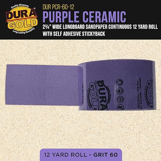 Dura-Gold Premium 60 Grit PSA Purple Film Ceramic Longboard Sandpaper, 2-3/4" Wide Continuous 12 Yard Roll - Self Adhesive Stickyback for Auto & Wood Air File Long Board Sanders, Hand Sanding Blocks