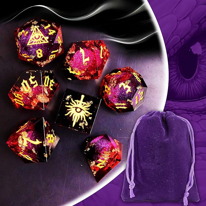 The Eye of Mystery Liquid Core DND Dice Set – Unique Resin Dice Set for Dungeons & Dragons – Red Flame Eye Dice Set for D&D Gifts