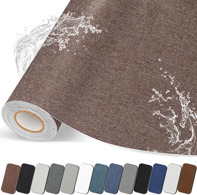 Fabric Repair Patches, 17X158 inch Linen Self-Adhesive Fabric Repair Tape, Strong Sticky Linen Patch for Sofas, Tote Bags, Clothing, Car Seats, Furniture（Brown, 17X158 inch）