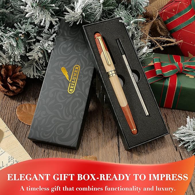 BEILUNER Luxury Wood Ballpoint Pen Writing Set,Maple-Elegant Fancy Nice Gift Pen Set for Signature Calligraphy Office Fancy Nice Supplies - Christmas Gift Boxed with Extra Refills (Black)