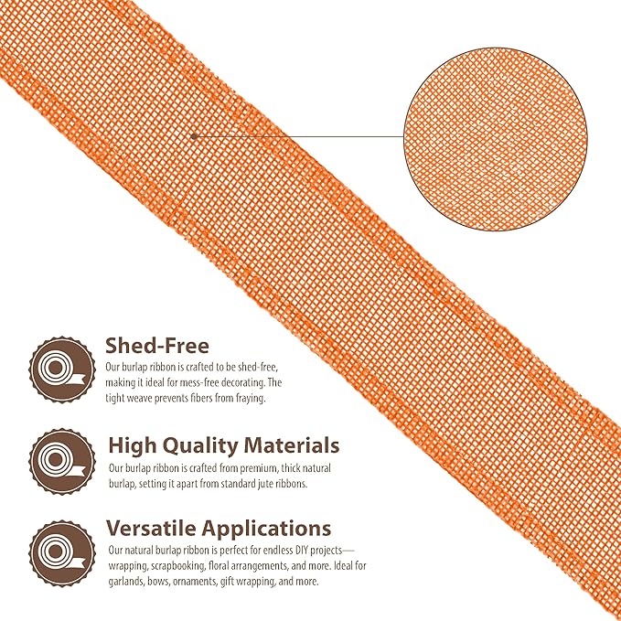 Mandala Crafts Orange Burlap Wired Ribbon 1.5 Inches Wide Jute Ribbons for Crafts - 10 Yds Roll Rustic Burlap Wrap Trim Ribbons for Wreaths Bows Party Decoration