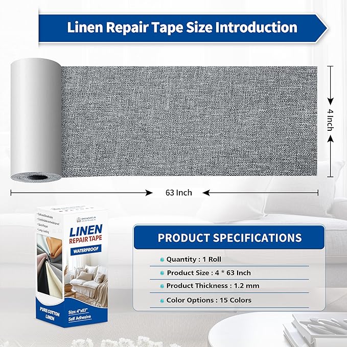 KING MOUNTAIN Linen Repair Patches, Self-Adhesive Linen Fabric Patches, 4 X 63 inch Extra Size, Multi Color, Can be Used for Linen Sofa Repair and Linen Clothes Repair (Grey)