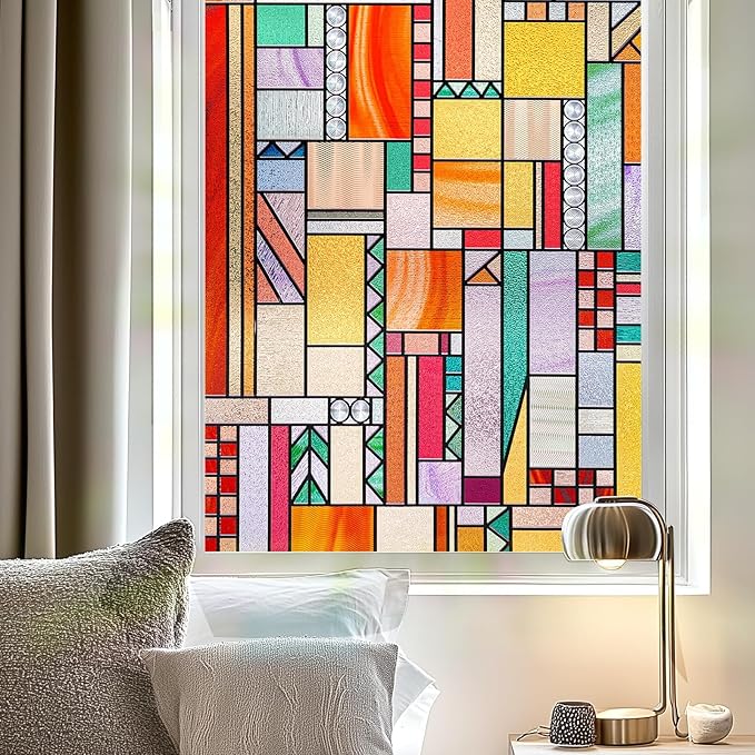 3D Stained Glass Window Privacy Film, Heat Control UV Blocking Static Cling Decorative Window Film for Bathroom,Front Door,Home Non Adhesive,35.4 x 78.7 inches Autumn Reverie