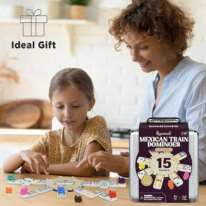 Queensell Mexican Train Dominoes - 136 Colored Dot Double 15s, 9 Trains, Wooden Hub, Aluminum Case