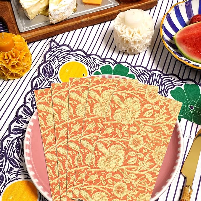 Vintage Floral Paper Napkins, 80PCS Vintage Floral Guest Paper Napkins Disposable, Orange Retro Plants Wildflower Lunch Dinner Hand Napkin for Wedding, Theme Party, Birthday, 4.5x8 Inch