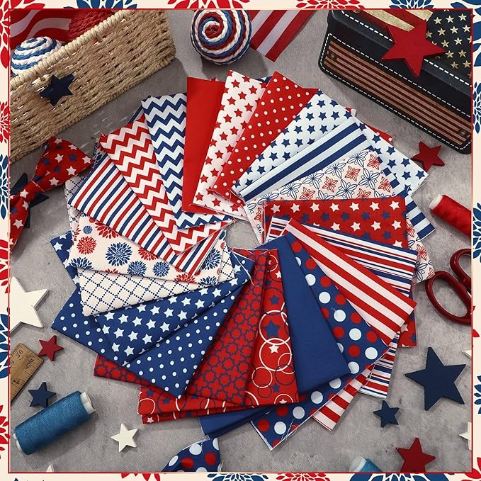 Ganeen 60 Pcs 10 x 10 Inch Vintage Patriotic Quilting Fabric Squares Red Blue White Fabric Bundle Retro 4th of July Fat Patchwork Precut Stripes for Memorial Day Handmade Material Sewing DIY Crafts