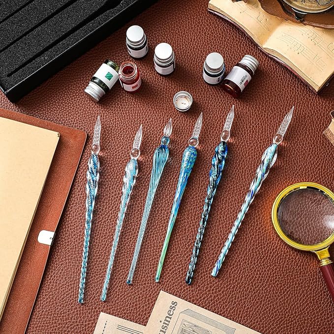 Zonon Glass Dipped Pen Ink Set 14 Pcs Include 6 Pcs Glass Dip Pen, 6 Colorful India Ink and 2 Holder Crystal Signature Calligraphy for Art, Writing, Signatures, Gift(Blue Color System)