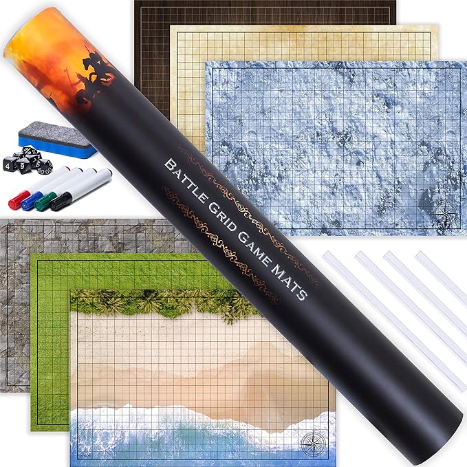 Tidyboss DND Starter Set | 3 X Double Sides 24x 36 Game Grid Mat | 6 Terrains Includes Dry Erase Markers, Eraser, Dice and Clips