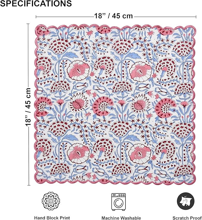 Ridhi Pigeon Blue Hand Block Print Napkins 18" x 18" Set of 4 Reusable Cotton Dinner Napkins for Weddings, Parties & Everyday Dining, Thanksgiving, Christmas, Fall