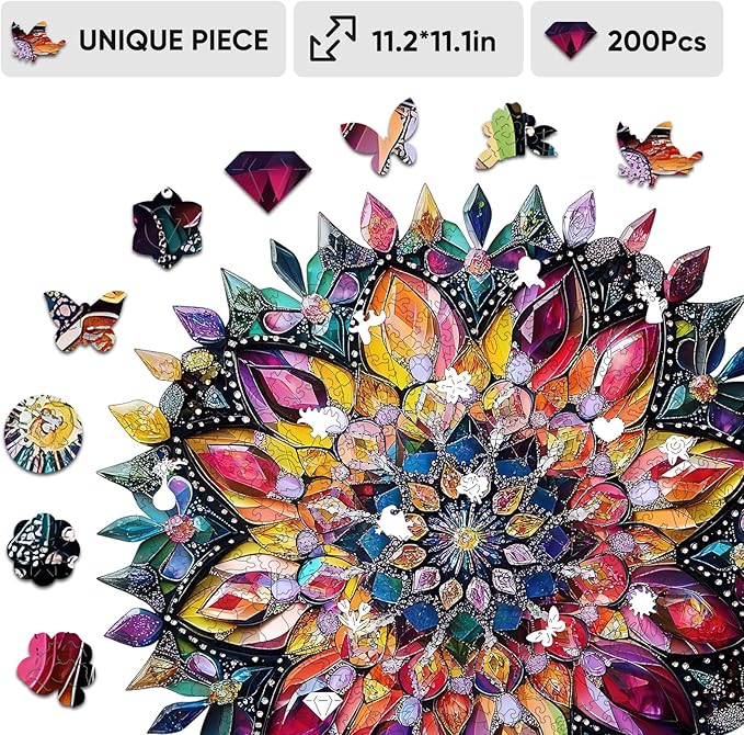 Puzzles for Adults Diamond Mandala Wooden Puzzles, 200 Pieces Unique Shaped Liberty Jigsaw Puzzles, Creative Toys for Adults and Kids, Fun Challenge Family Game 11.2'' x 11.2''