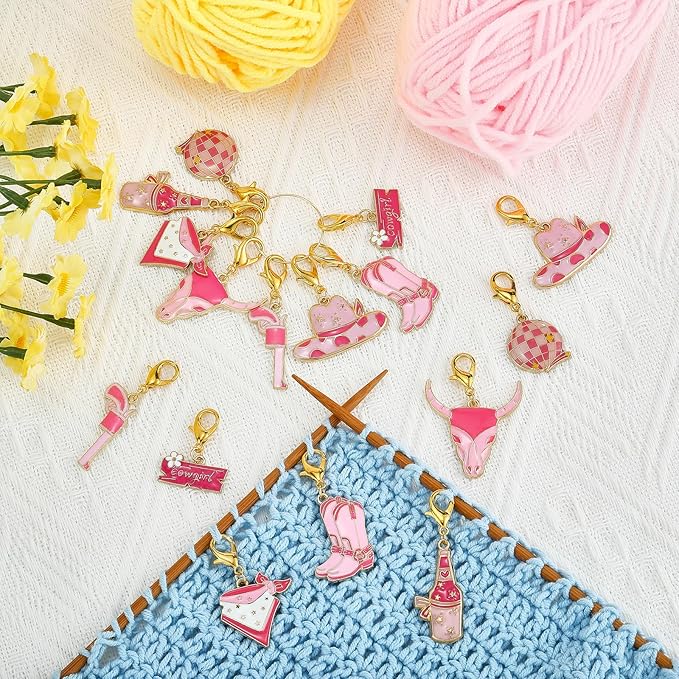 BEEFLYING 16Pcs Cowgirl Stitch Marker Charms for Crocheting and Knitting, 8 Styles Locking Pink Enemal Crochet Knit Stitch Marker Pendant with Leverback Clasp for Knitting Crocheting Accessories