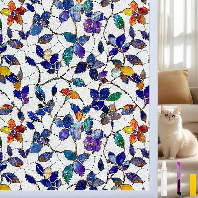 Window Privacy Film Stain Glass Window Film Rainbow Window Film Window clings Non-Adhesive Reusable Decorative for Room (Frosted Stained Leaf, 35.4 x 78.7 in)