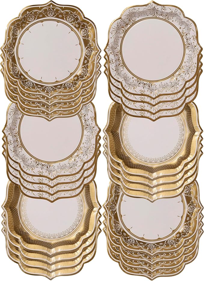 Talking Tables 24 x Gold Disposable Paper Party Plates in 3 Styles, Strong and Sturdy Elegant Scalloped Design Recyclable Dishes for Christmas, Birthday Weddings, Anniversary 9inch
