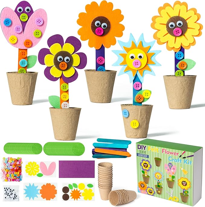 WATINC Mother's Day Spring Felt Flower Craft Kits - Make Your Standing Flowers Gift Crafts with Buttons Flower Pot Decor, DIY Flowers Decorations Home School Fun Activities for Mom Kids (24Pcs)