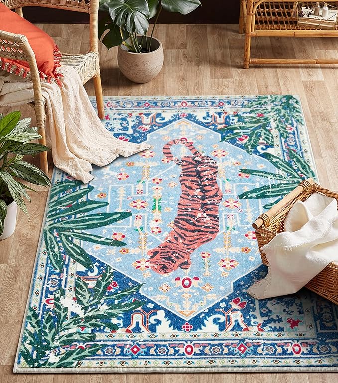 Washable Blue Rugs Thin Oriental Boho Vintage Tropical Jungle 6x9 Area Rugs for Bedroom Kitchen Dining Living Room Office Distressed Indoor Plant Entry Carpet