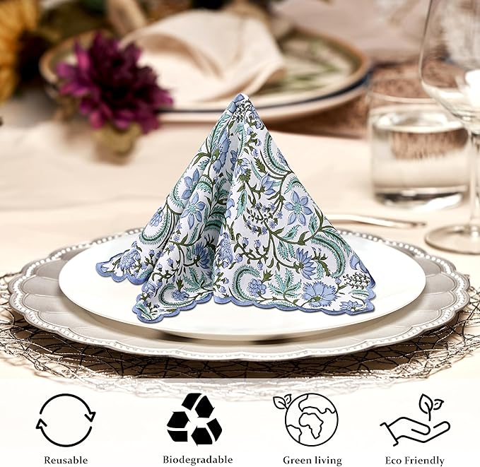 Ridhi Columbia BlueHand Block Print Napkins 18" x 18" Set of 4 Reusable Cotton Dinner Napkins for Weddings, Parties & Everyday Dining, Thanksgiving, Christmas, Fall