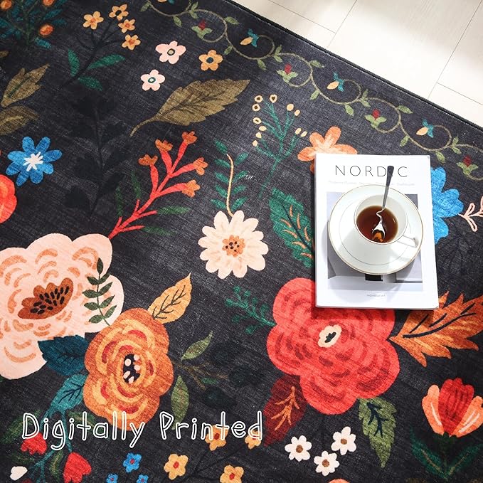 Rugcomf Living Room Rug 6x9 Rug Machine Washable Boho Area Rug Non Slip Floral Vintage Low Pile Large Rug for Living Room, Bedroom, Farmhouse, Dining Room, Kids Playroom(Black)