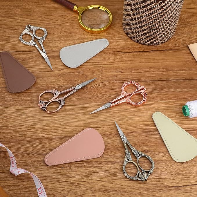 Zhehao 4 Pcs Sewing Embroidery Scissors with Artificial Leather Cover Sewing Stainless Vintage Embroidery Scissors for DIY Needlework Art Manual Handicraft (Retro)
