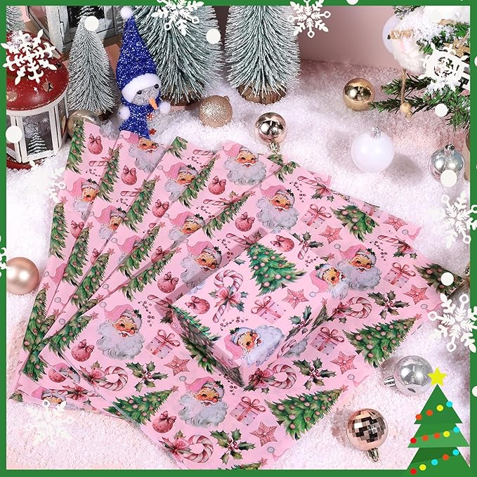 100 Sheets Pink Santa Tissue Paper, Santa Claus Xmas Tree Berries Bell Patterns Decorative Art Paper for Winter Home Party DIY Crafts Christmas Party Supplies, 13.8 x 19.7 Inch