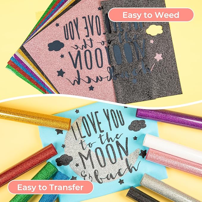 HTVRONT Glitter HTV Heat Transfer Vinyl Bundle: 10 Pack 12"x12" Iron on Vinyl for T-Shirt (1 PTFE Sheet Included), PU HTV Easy to Cut & Weed for Heat Design