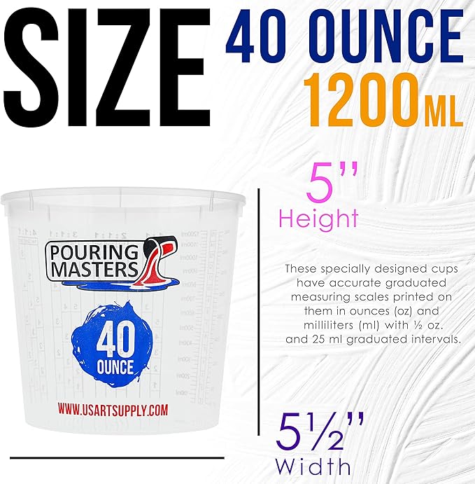 Pouring Masters 40 Ounce (1200ml) Graduated Plastic Mixing Cups (Box of 24) - Paint Mixing Cups for Epoxy Resin, Art, Kitchen, Baking - Measurements in OZ and ML, 4 Different Measuring Ratios 1:1