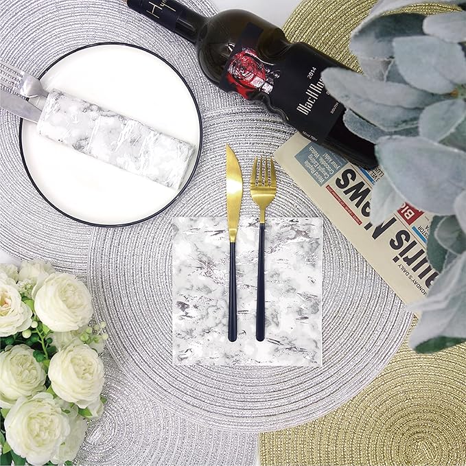 80-Pack Napkins Disposable Paper Towel Cocktail Dinner Party Decoration, Silver Splash