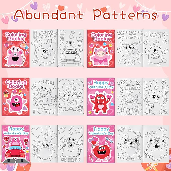 JAPBOR Valentine's Day Coloring Book - 24PCS Mini Valentine Monster Color Books Bulk for Party Favors, Sweet Romantic Themed Small Colouring Pages for Birthday Gifts Class Drawing Painting Game