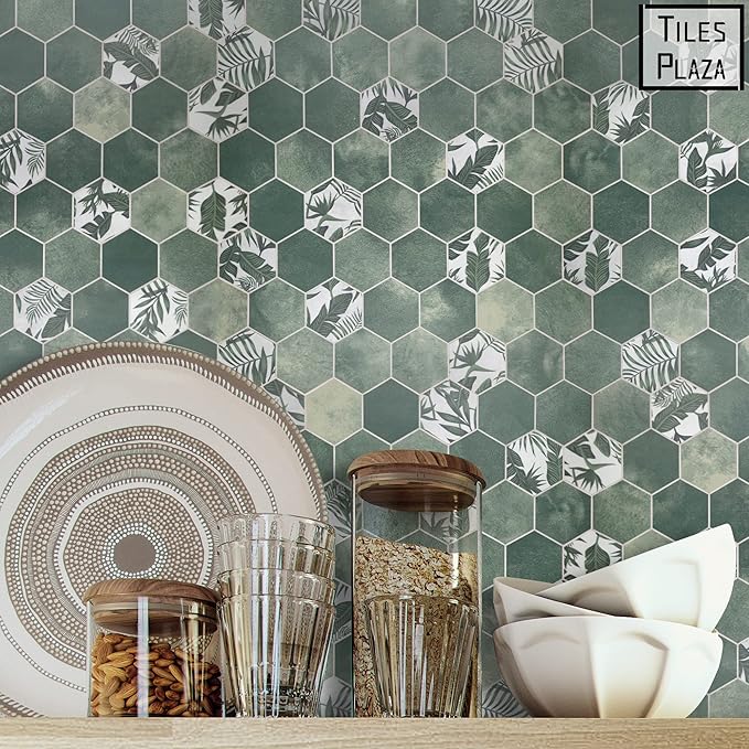 The Tiles Plaza 10-Sheet Peel and Stick Backsplash, Green Cement Hexagon Stone Composite Marble Looks Self Adhesive Wall Tile, Stick On Tiles for Kitchen Bathroom Shower, Cover 9 Sq Ft.