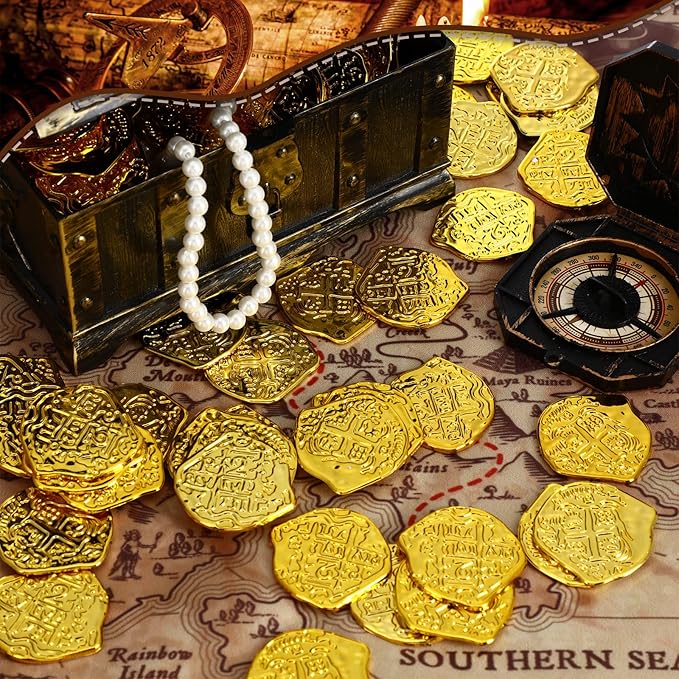 Hanaive 100 Pcs Pirate Coins Plastic Kids Fake Play Coins Replica Spanish Doubloons for Pirate Party Treasure Chest Board Games Tokens Toys Cosplay St. Patrick's(Gold)