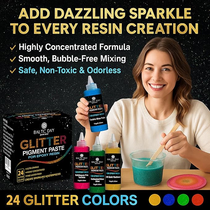 24 Color Pigment Paste for Epoxy Resin Set [ Glitter Series ] – Opaque Epoxy Pigment, Epoxy Dye Paste & High Concentration Mica Powder for Resin Art, Jewelry, Tumblers, Coasters & Crafts
