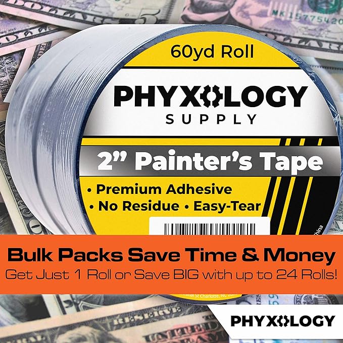 No-Residue 2 Inch, 60 Yard Blue Painters Tape 1 Pk. Easy-Tear, Pro-Grade Removable Masking Tape Great for Home, Office, Commercial Contractor. Clean, Drip-Free Painting w/Wide Crepe Paper Rolls