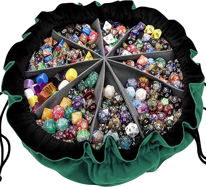 SIQUK Large Dice Bag with Pockets Big Capacity Dice Bag Drawstring Dice Pouch DND Dice Storage Bag for RPG MTG Table Games, Hold over 300 Dice, Dark Green