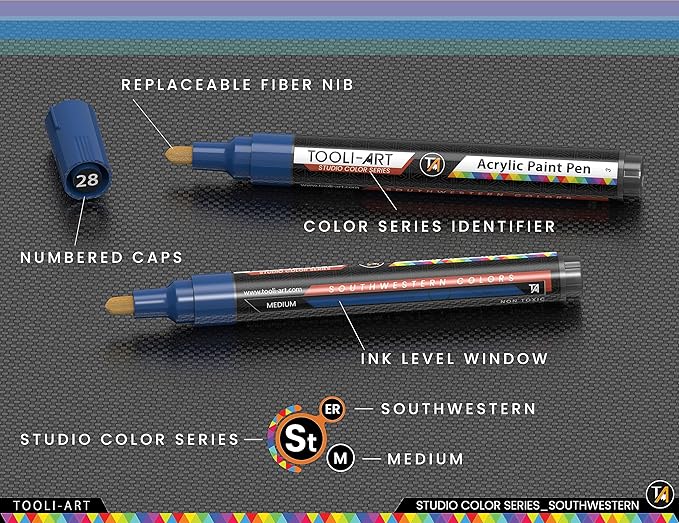 28 Southwestern Colors Acrylic Paint Pens Studio Color Series Markers Set 3mm Medium Tip, Rock Painting, Glass, Mugs, Wood, Metal, Canvas, DIY Projects, Detailing. Non Toxic, Waterbased, Quick Drying