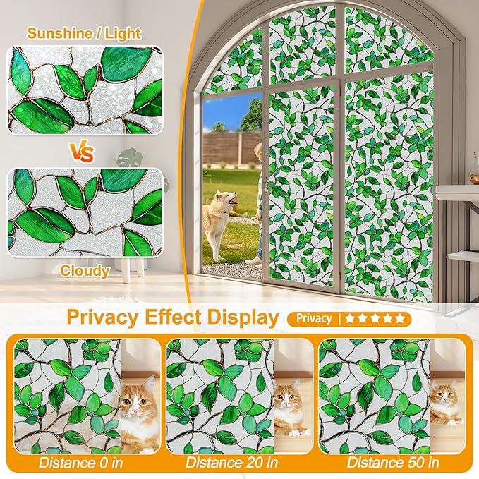 Window Privacy Film Stain Glass Window Film Rainbow Window Film Window clings Non-Adhesive Reusable Decorative for Room (Frosted Greenery Leaf, 17.5 x 78.7 in)