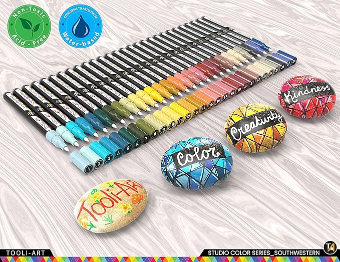 28 Southwestern Colors Acrylic Paint Pens Studio Color Series Markers Set 0.7mm Extra Fine Tip, Rock Painting, Glass, Mugs, Wood, Metal, Canvas, DIY, Detailing. Non Toxic, Waterbased, Quick Drying