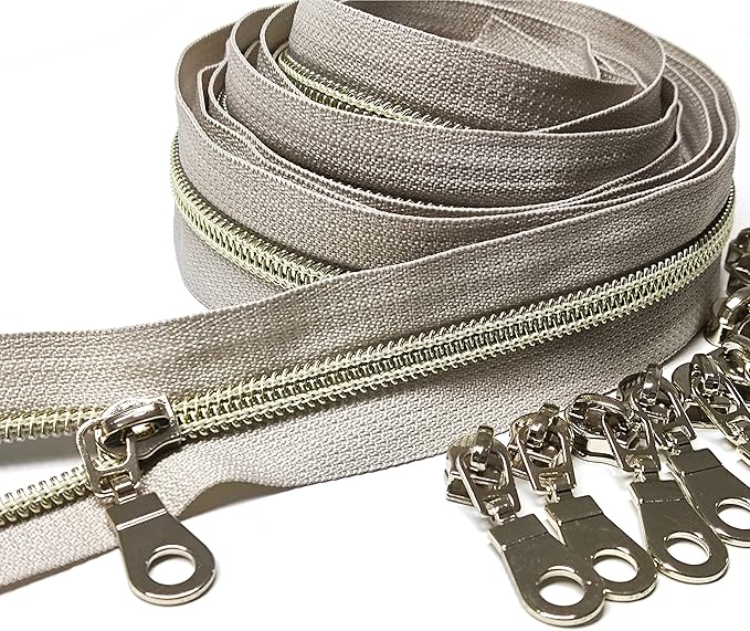 Leekayer #5 Light Gold Teeth Metallic Nylon Coil Zippers by The Yard Bulk 10 Yards Beige Tape with 25pcs Gold Sliders for DIY Sewing Tailor Craft Bag(Beige)