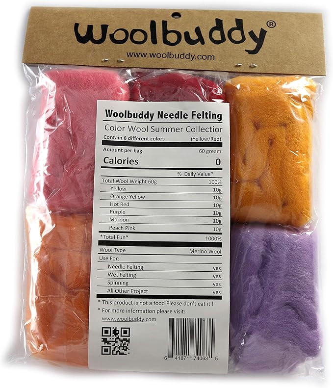 Woolbuddy Needle Felting Wool, Natural Handmade Wool Roving, 6 Vibrant Colors with Instructions (Wool Bag Summer)