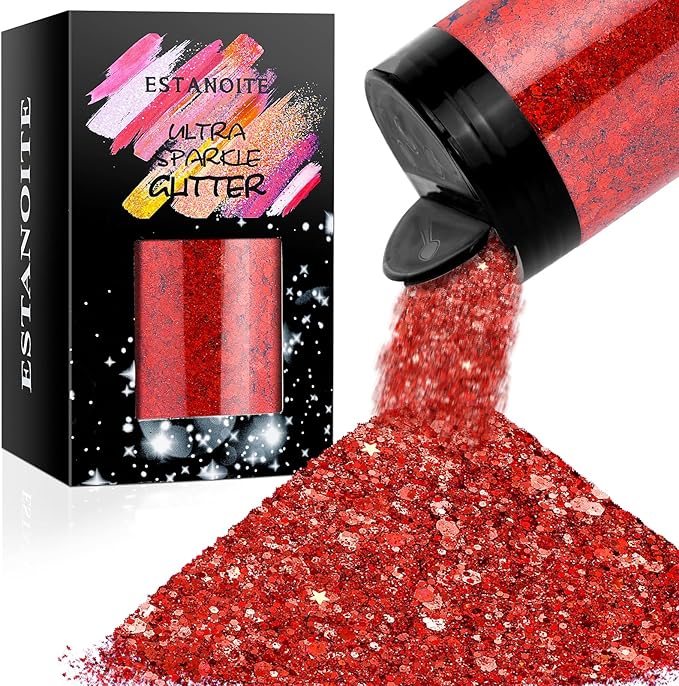 Estanoite Holographic Chunky Glitter, 160G/5.64OZ Glitter, Mixed Fine & Chunky Glitter for Epoxy Resin, Iridescent Glitter for Crafts Tumblers, Halloween Christmas Festival Painting Decor (Red)