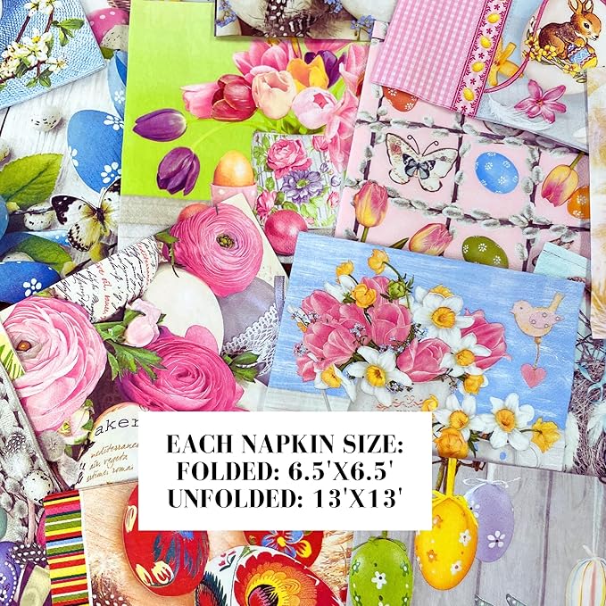Mystery Pack Decoupage Paper Napkins, 20-ct Assorted Surprise Napkins, Decorative Napkins Easter for Art Craft Junk Journal, 20 Different Designs