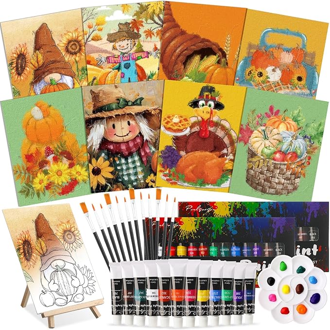 Cholemy 36 Pcs Paint and Sip Kit for Adults 8''x10'' Pre Drawn Canvas for Painting DIY Afro Acrylic Painting Kit Wood Easel Brushes Date Night Bulk for Christmas Party Gifts(Fall Scarecrow)