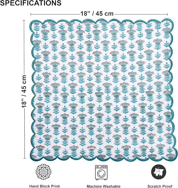 Ridhi Aquamarine Blue Hand Block Print Napkins 18" x 18" Set of 4 Reusable Cotton Dinner Napkins for Weddings, Parties & Everyday Dining, Thanksgiving, Christmas, Fall