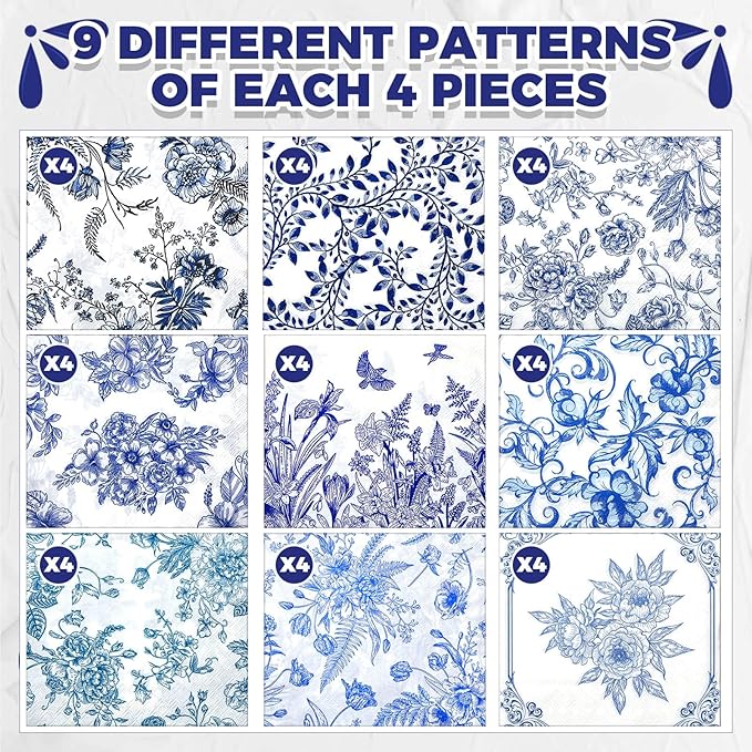 Crtiin 36 Pack 9 Styles Decoupage Napkins Assorted Floral Decorative Decoupage Napkins Chinoiserie Cocktail Paper for DIY Crafting Birthday Party, Each Unfolded 13 Inch(Blue Floral)