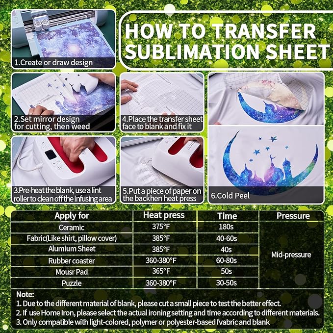Green Glitter Sublimation Transfer Sheets for Heat Press Machine,12x12 Inch Sublimation Transfer Paper for Heat Press Machine, 8 Sheets