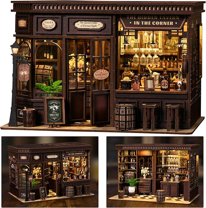 ISSEVE Book Nook Kit - DIY Miniature House Kit for Adults, Teens and Beginners, Corner Tavern Dollhouse Booknook Tiny House Bookshelf Decor 3D Wooden Puzzle, Gifts for Friends Family (Corner Tavern)
