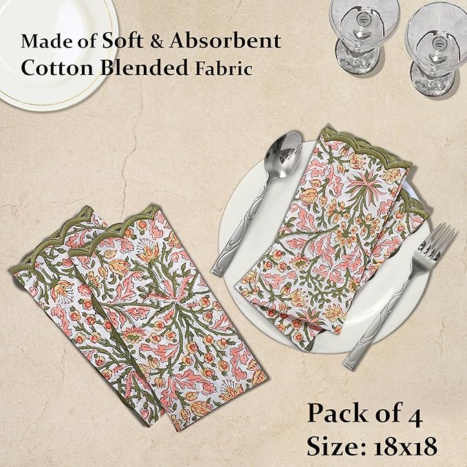 Ridhi Sassy Salmon Pink Hand Block Print Napkins 18" x 18" Set of 4 Reusable Cotton Dinner Napkins for Weddings, Parties & Everyday Dining, Thanksgiving, Christmas, Fall