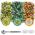 Yoption 360Pcs Wax Seal Beads, Metallic Antique Gold and Green Mix Sealing Wax Beads with 2Pcs Tea Candles and Spoon for Gift, Invitation, Envelope